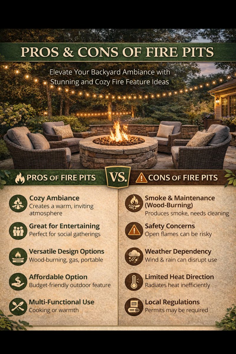 outdorlifestyle's tweet image. Want a backyard fire feature? Pros: warmth &amp;amp; style. Cons: safety &amp;amp; maintenance. Small details make a huge difference! 🔥 #FirePit #Outdoorlifestyles #outdoorfireplace