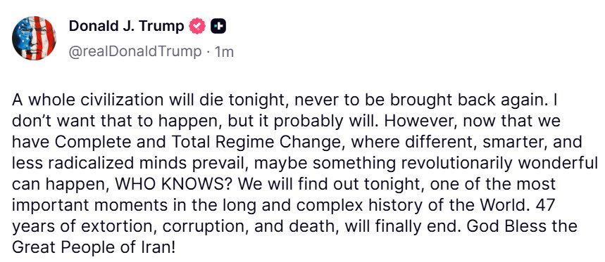 Genocidal maniac, Trump, Nobel Peace prize nominee, states: “ 'whole civilization will die tonight, never to be brought back again. I don’t want that to happen, but it probably will'.

Someone needs to put the nutcase in a straight jacket without delay.