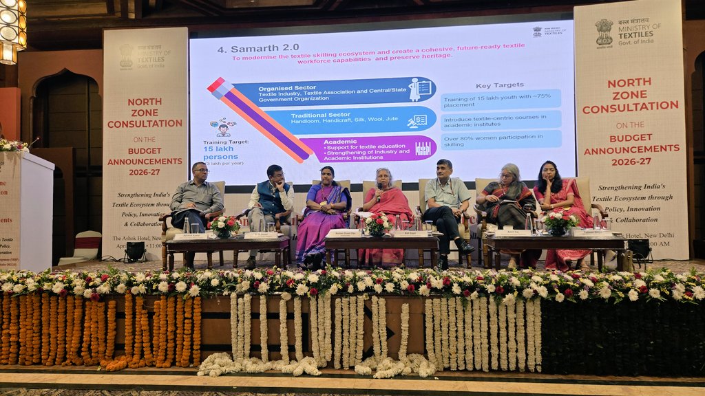 TexMinIndia's tweet image. Smt. Neelam Shami Rao, Secretary, Ministry of Textiles addressed  stakeholders, industry expert and state representatives highlighting key initiatives announced in Budget 2026–27 at the Regional Consultation workshop organised by the Ministry of Textiles. 
#Budget2026