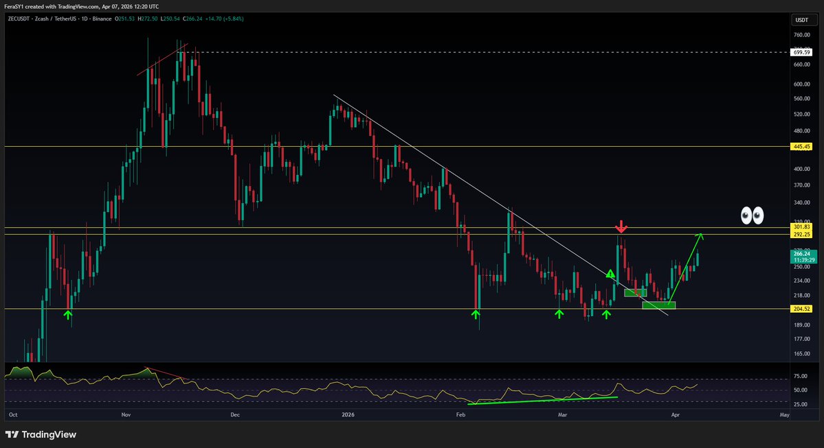 CryptoFeras's tweet image. $ZEC #ZEC 
pumping again, towards 300$ resistance area 
those who didn't buy the dip, better not to FOMO here.

the proper #trading logic of this chart:
-buy $300 clean flip
-or, buy low $200s support area 
(the green boxes in my chart) 
-or short the $300 area resistance.