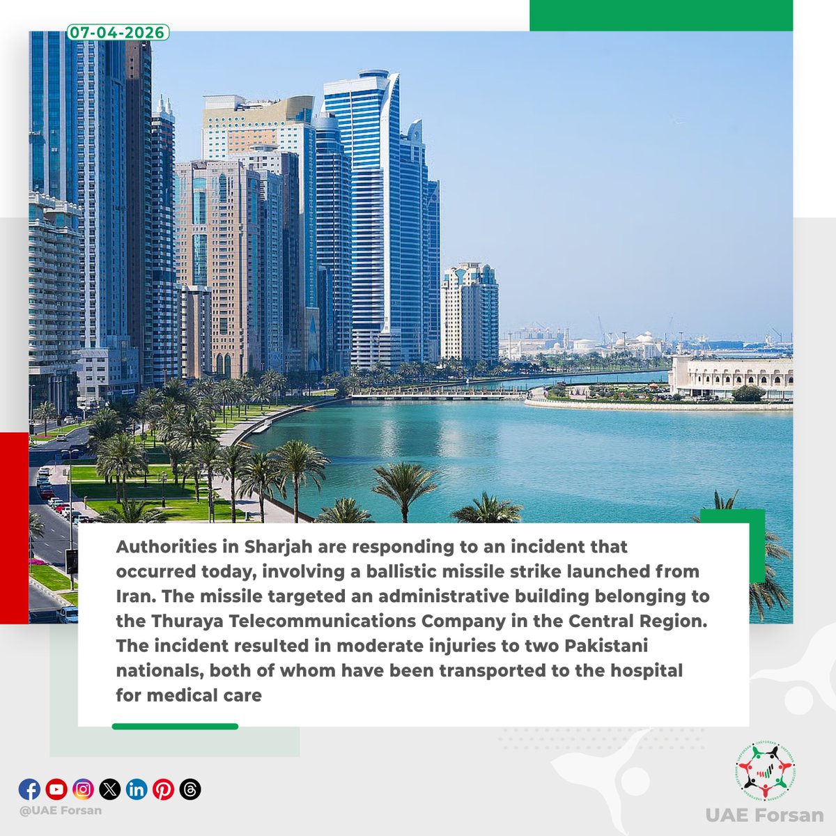 UAE_Forsan's tweet image. Authorities in Sharjah are responding to an incident that occurred today, involving a ballistic missile strike launched from Iran 
#UAE #UAEisSafe #Sharjah 
#اللهم_احفظ_الإمارات 
#الإمارات_أمن_وأمان 
@sharjahmedia