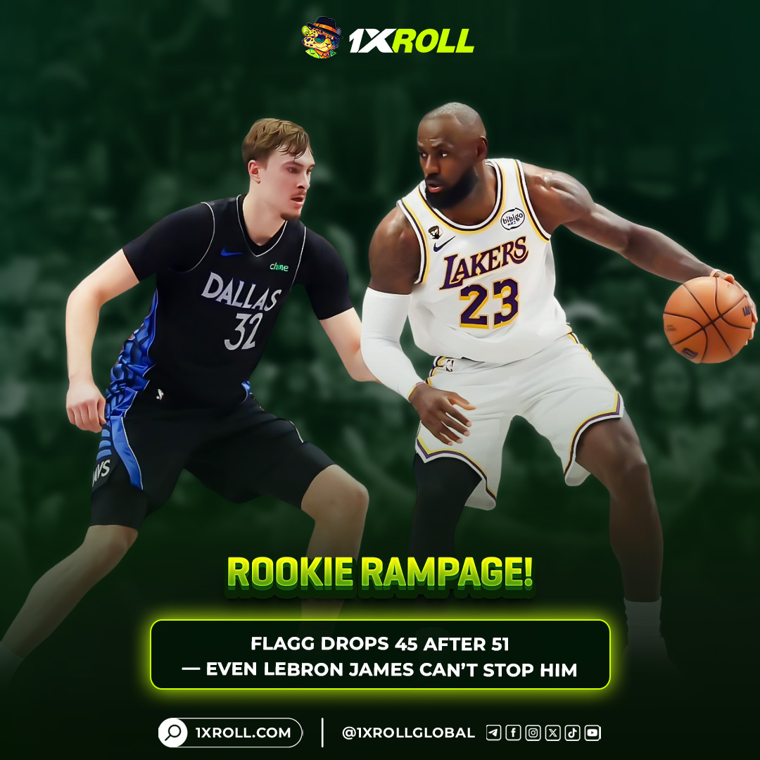 1XRoll1's tweet photo. SPORTS BEAT • FLAGG GOES BACK-TO-BACK 

✅ Cooper Flagg drops 45 after a 51-point explosion
✅ Outduels LeBron James in a superstar showdown
✅ Lakers sent crashing as rookie dominance continues

👉 Bet on: https://t.co/LW2rXd6XGP

#NBA #CooperFlagg #LeBronJames https://t.co/WLEyCHnzFk