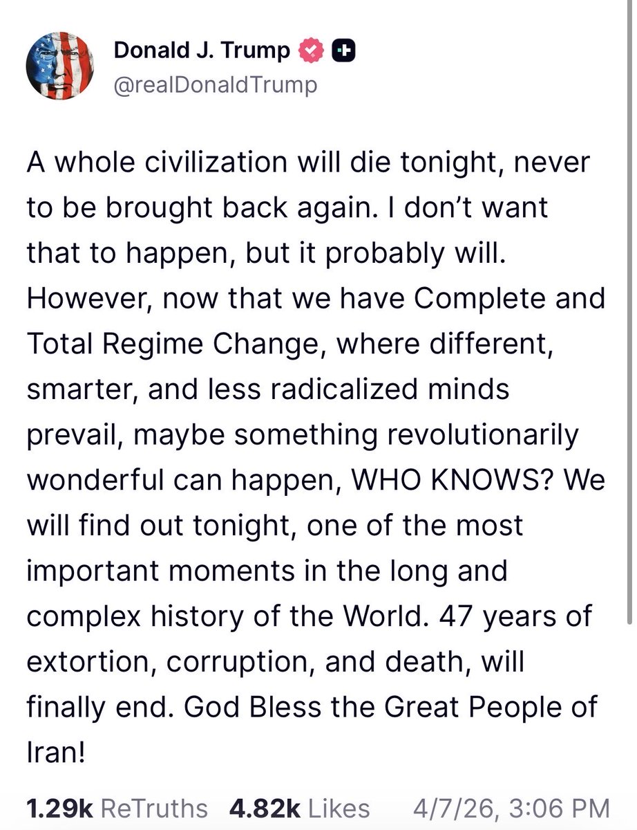 jimsciutto's tweet image. President Trump threatens:
“A whole civilization will die tonight.”