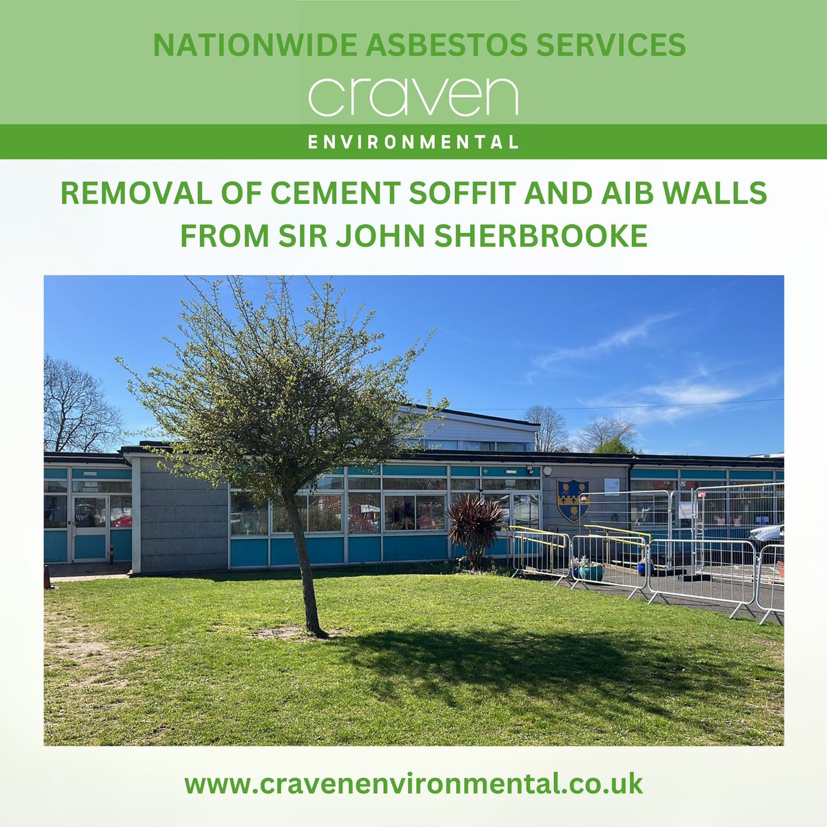 On-site at Sir John Sherbrooke! 🏫 

Craven Environmental is safely removing cement soffit and AIB walls, supporting Burhouse Construction with their extension project. ✅

#AsbestosRemoval #SafeWork #ConstructionSupport #CravenEnvironmental #BuildingProjects