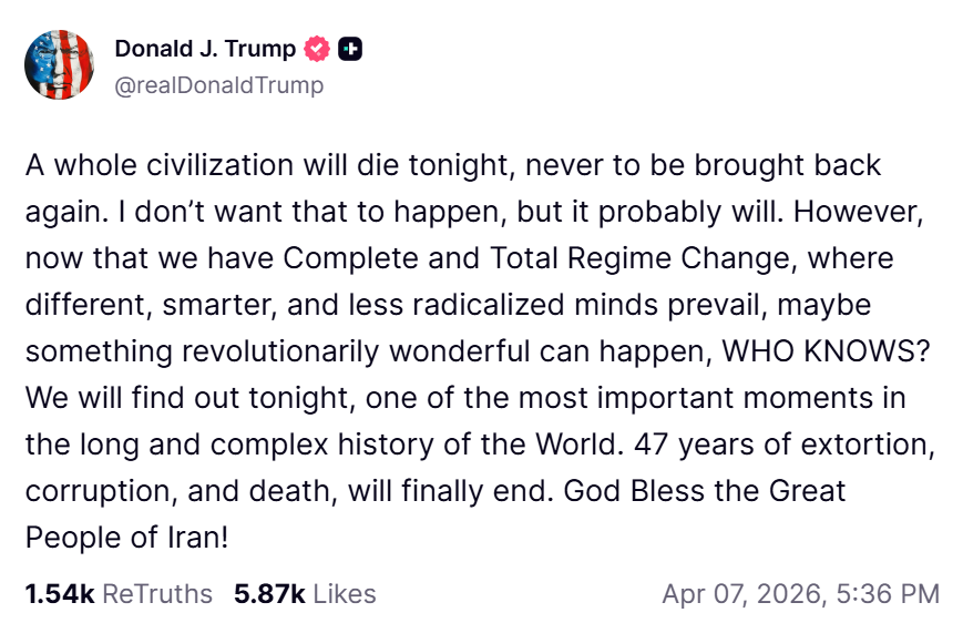 US President Donald Trump wrote on his social media platform Truth