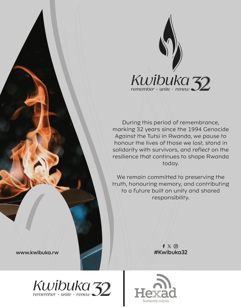 hexad_ltd's tweet photo. 32 years since the 1994 Genocide Against the Tutsi in Rwanda. Today, we pause to honor the lives lost, stand in solidarity with survivors, and reflect on the resilience shaping Rwanda. We remain committed to truth, unity, and shared responsibility. https://t.co/6WHUJtCO4k