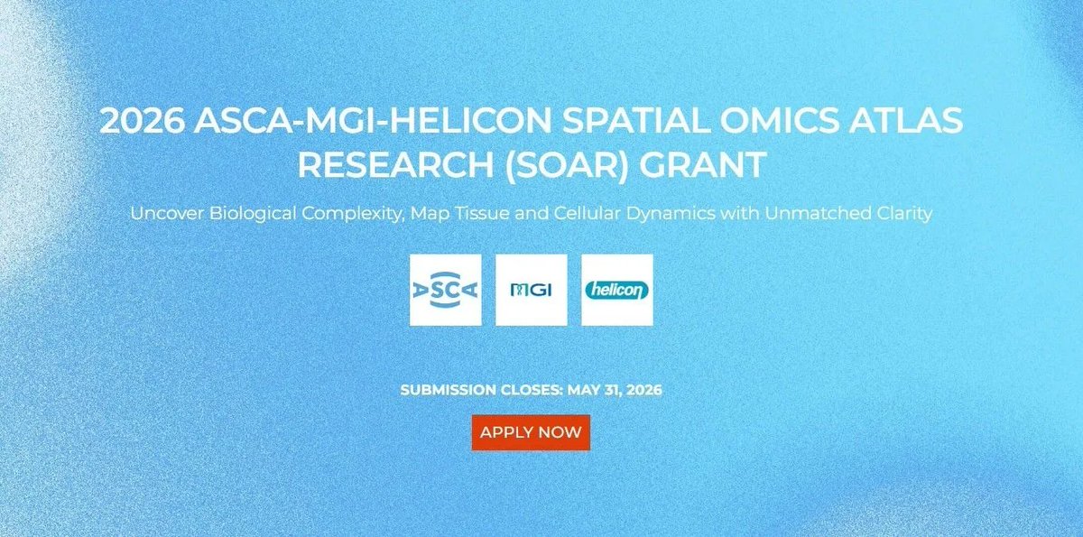 ascanet's tweet photo. ⚡2026 ASCA-MGI-Helicon Spatial Omics Atlas Research (SOAR) Grant application is open!

📍Deadline:
May 31, 2026 at 11:59 PM MSK (Moscow Time).

➡️More details: https://t.co/Bx5IqqYCl8

#ASCAinfo #SingleCell #SpatialBiology https://t.co/qaL0oTkCce