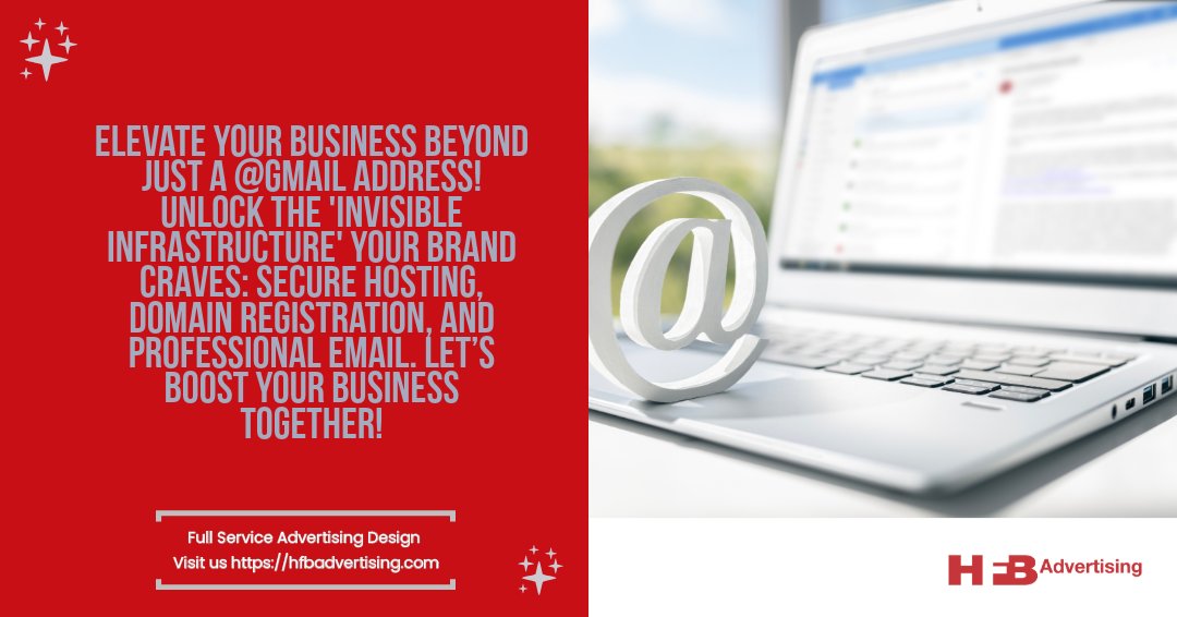 hfbadvertising's tweet image. Elevate your business beyond just a @gmail address! 🚀 Unlock the 'Invisible Infrastructure' your brand craves: Secure Hosting, Domain Registration, and Professional Email. Let’s boost your business together! #BusinessSolutions #WebHosting #HFB