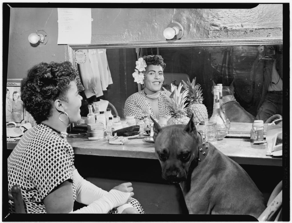 detroitjazzfest's tweet photo. APRIL IS Jazz Appreciation Month, and there's no better day in April to share this news than today, the birthday 🎂 of one of its greatest vocalists, Billie Holiday. (That's her sidekick, her beloved boxer, Mister. Photo c. 1947; Library of Congress.) #jazzmusic https://t.co/97mzG0zIkH