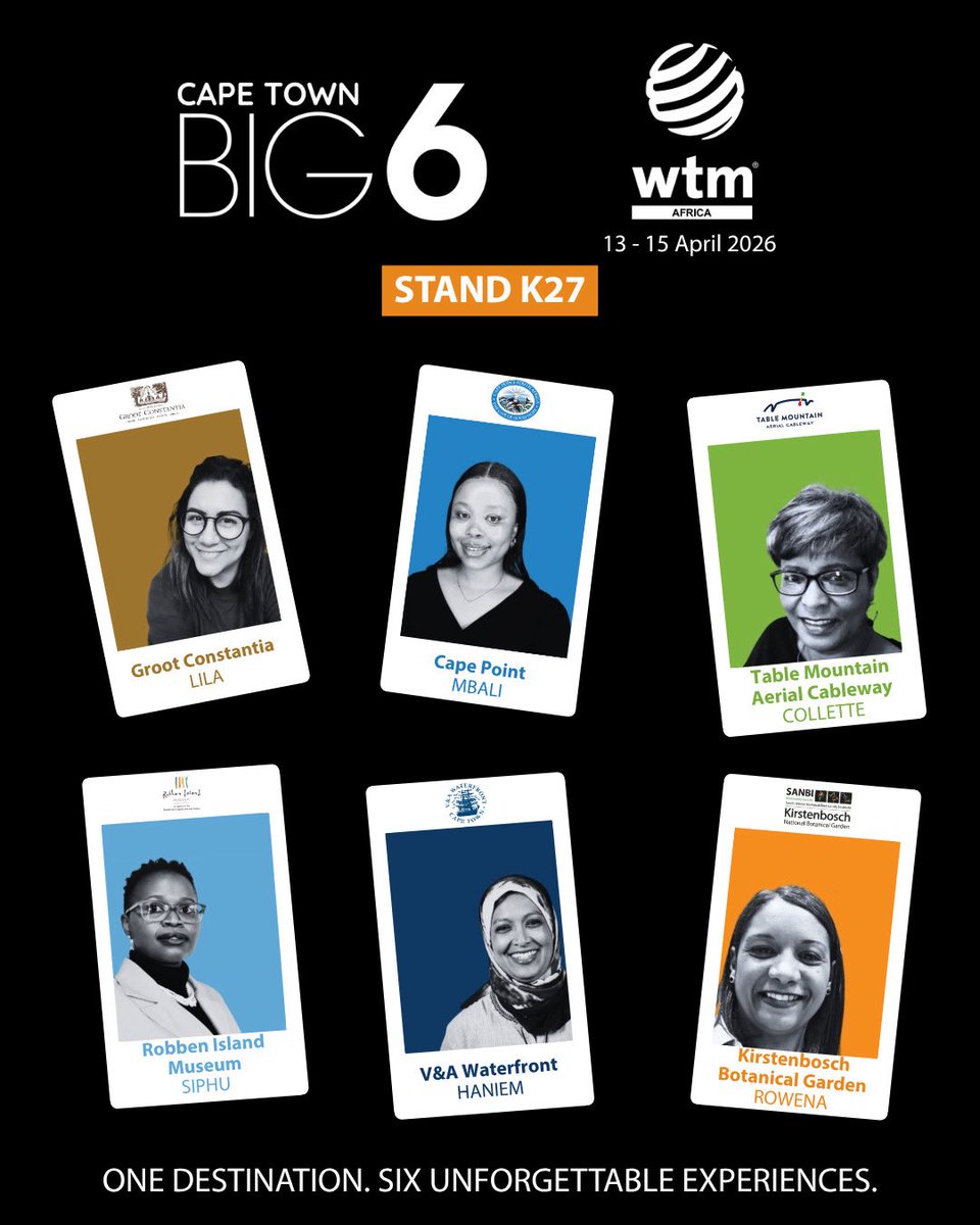 robben_island's tweet photo. 🇿🇦✔️Meet the @ctbig6 at @wtm_africa 2026 (Stand K27)! From 13 – 15 April at @official_cticc. 

Join Robben Island Museum and our Cape Town Big 6 partners as we showcase the very best of the Mother City.

#CapeTownBig6 #RobbenIslandMuseum #WTMAfrica #WTMA #ThisIsCapeTown https://t.co/gdfcozHxAP