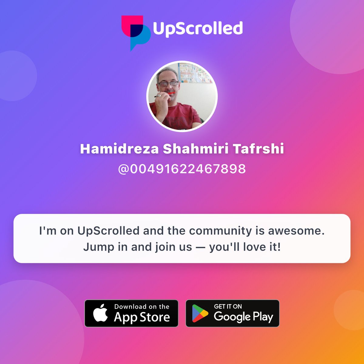 I'm on UpScrolled. Join me there!

Download on iOS:
apps.apple.com/app/upscrolled…

Download on Android:
play.google.com/store/apps/det…

Check out my profile:
share.upscrolled.com/en/user/3afe33…