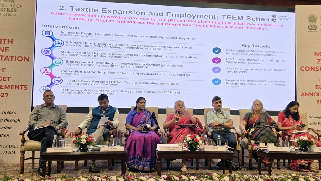 TexMinIndia's tweet image. Smt. Neelam Shami Rao, Secretary, Ministry of Textiles addressed  stakeholders, industry expert and state representatives highlighting key initiatives announced in Budget 2026–27 at the Regional Consultation workshop organised by the Ministry of Textiles. 
#Budget2026