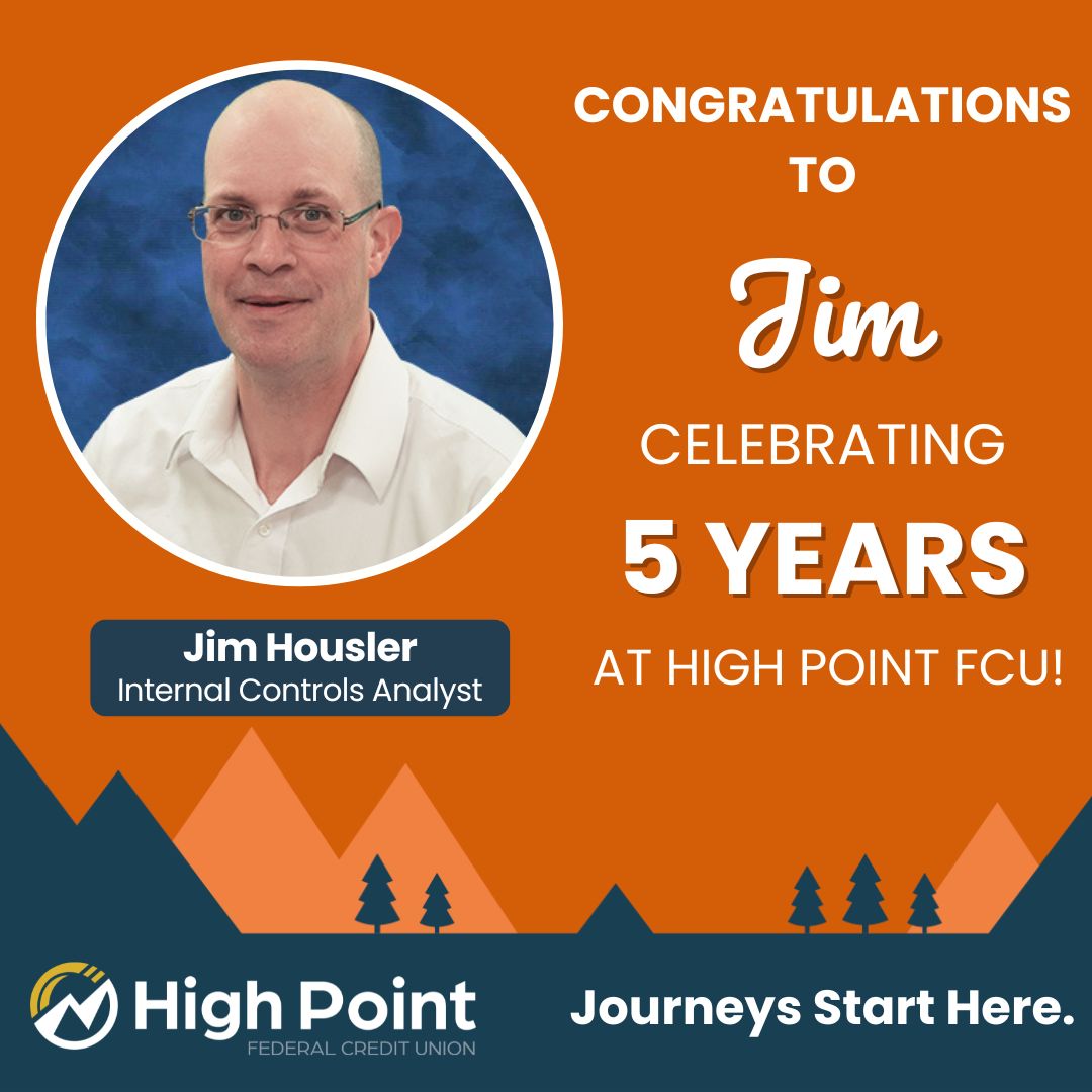 HighPointFCU's tweet photo. Congratulations to Jim Housler, celebrating 5 years at High Point FCU! 🎉👍 We are lucky to have you on our team!

#JourneysStartHere #PeopleHelpingPeople #HighPointFCU #Milestone https://t.co/tEpwsvjWka