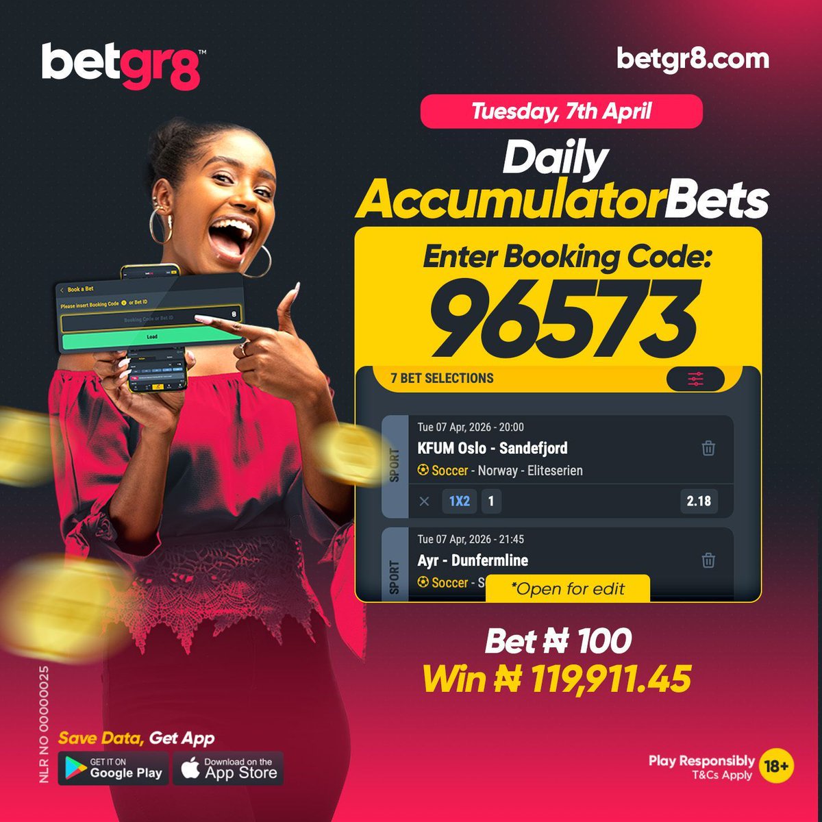 Betgr8Nigeria's tweet image. Tuesday’s 𝐁𝐨𝐨𝐤𝐢𝐧𝐠 𝐂𝐨𝐝𝐞 is 𝐋𝐈𝐕𝐄!
Your slip is set &amp;amp; loaded with GR8 odds!
🔓 Enter Code: 𝟗𝟔𝟓𝟕𝟑
👉 betgr8.com/ng/retrieve-bo…

Review, fine-tune your picks, and stake!
Be Great. Bet Great

18+ | #Betgr8 #BookingCode #BoostedOdds