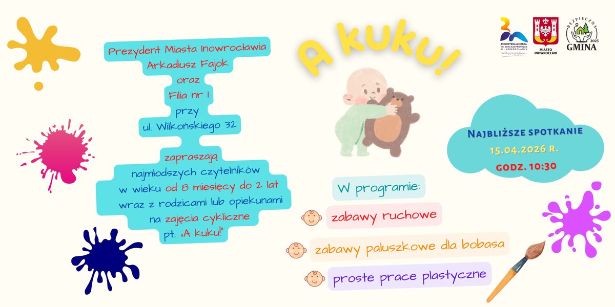 bmjkinowroclaw's tweet image. Małe rączki, wielka sztuka!  - 
#bmjkinowroclaw #Inowrocław #biblioteka
-  jan-kasprowicz.bmino.pl/male-raczki-wi… 
Prezydent Miasta Inowrocławia Arkadiusz Fajok i Filia nr 1, przy ul. Wilkońskiego 32 zapraszają milusińskich w wieku od 8 miesięcy do 2 lat wraz z opiekunami na zajęcia z cyk...