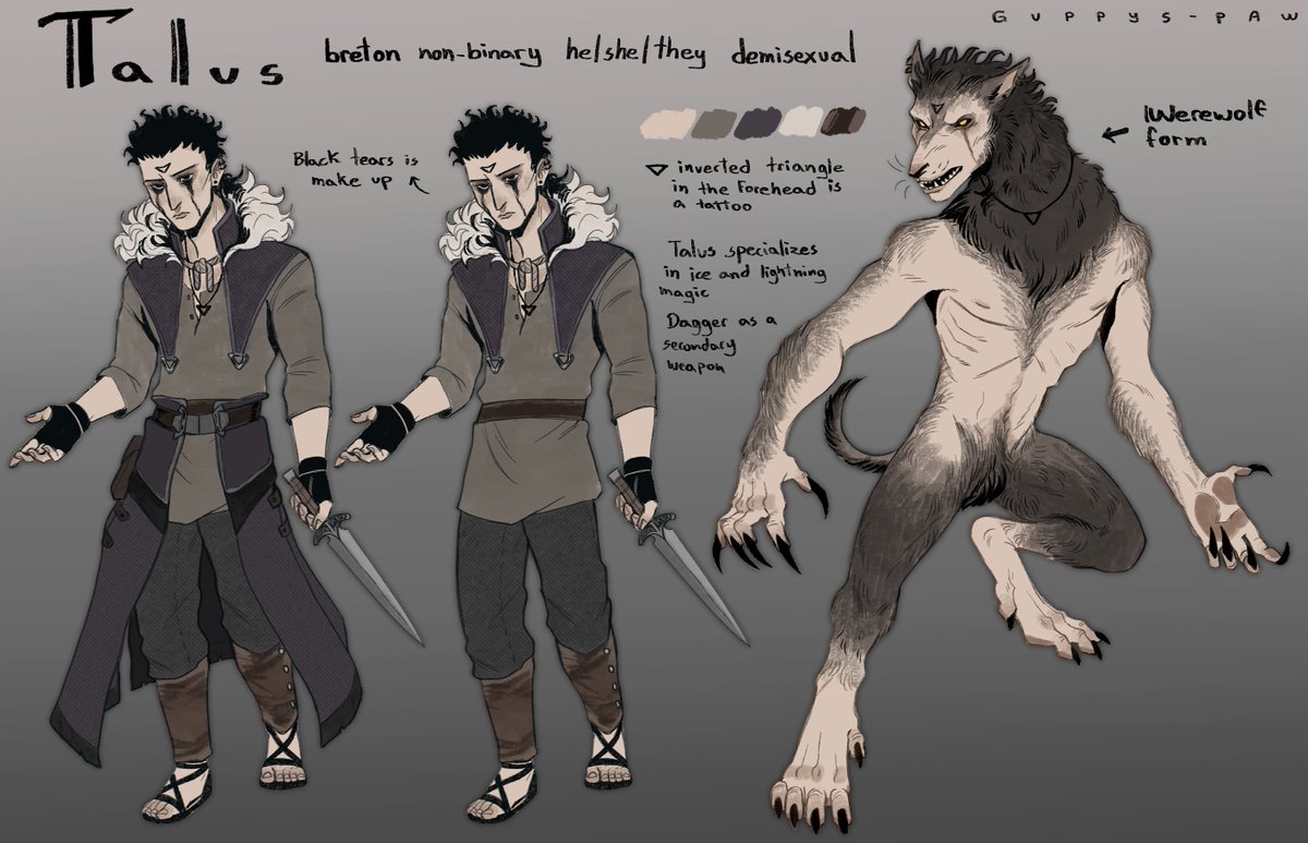 PawGuppy's tweet image. Full ref of my guy Talus 
I've been having so much fun with skyrim I might a well make this one his canon story
#oc #werewolf #skyrim