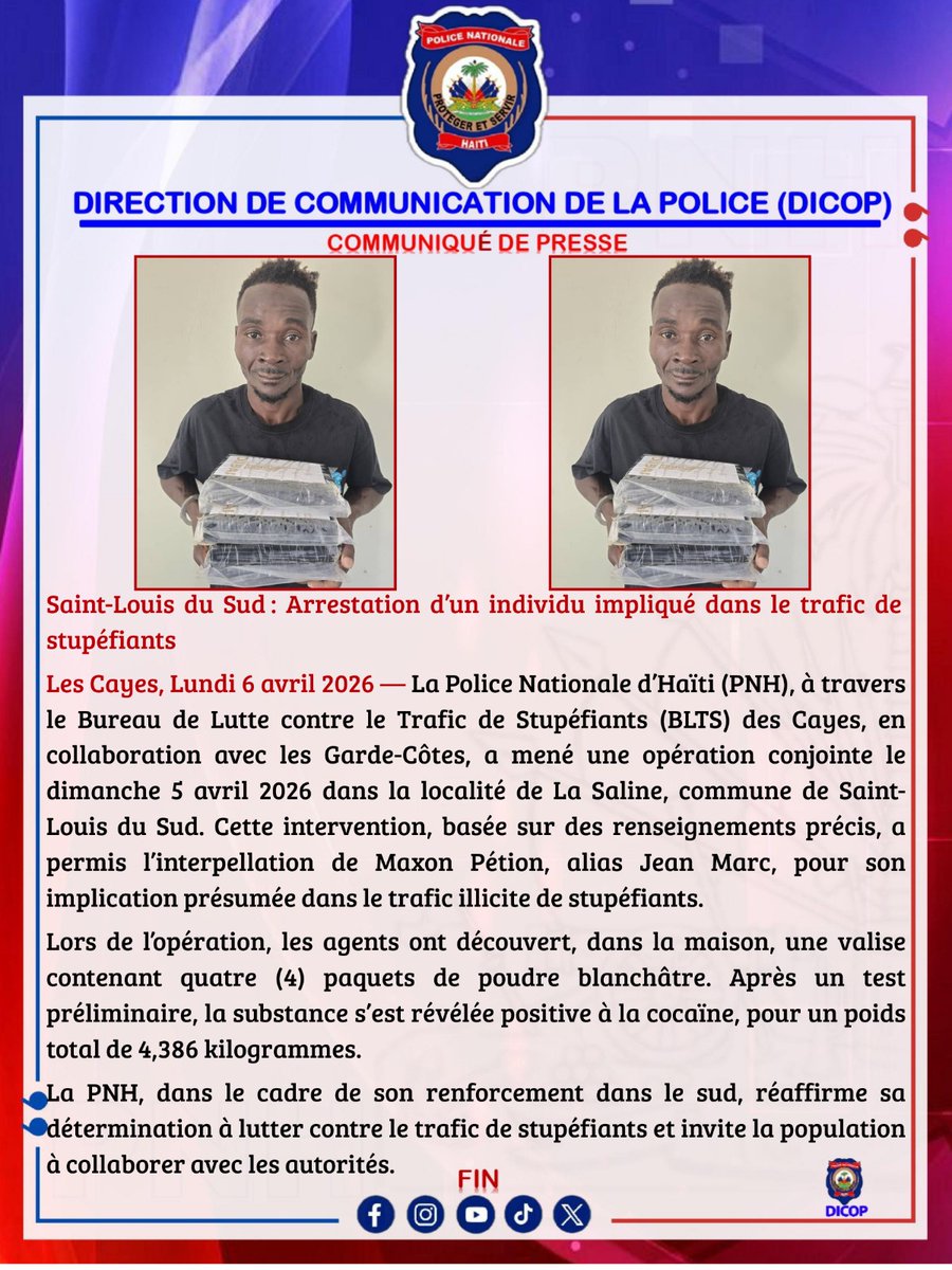pnh_officiel's tweet image. 🇭🇹 Haïti : arrestation de Maxon Pétion alias Jean Marc, impliqué dans le trafic de cocaïne. Saisie de 4,386 kg de poudre blanche à Saint-Louis du Sud. Opération menée par la PNH et les garde-côtes. #Haïti #LutteContreLaDrogue