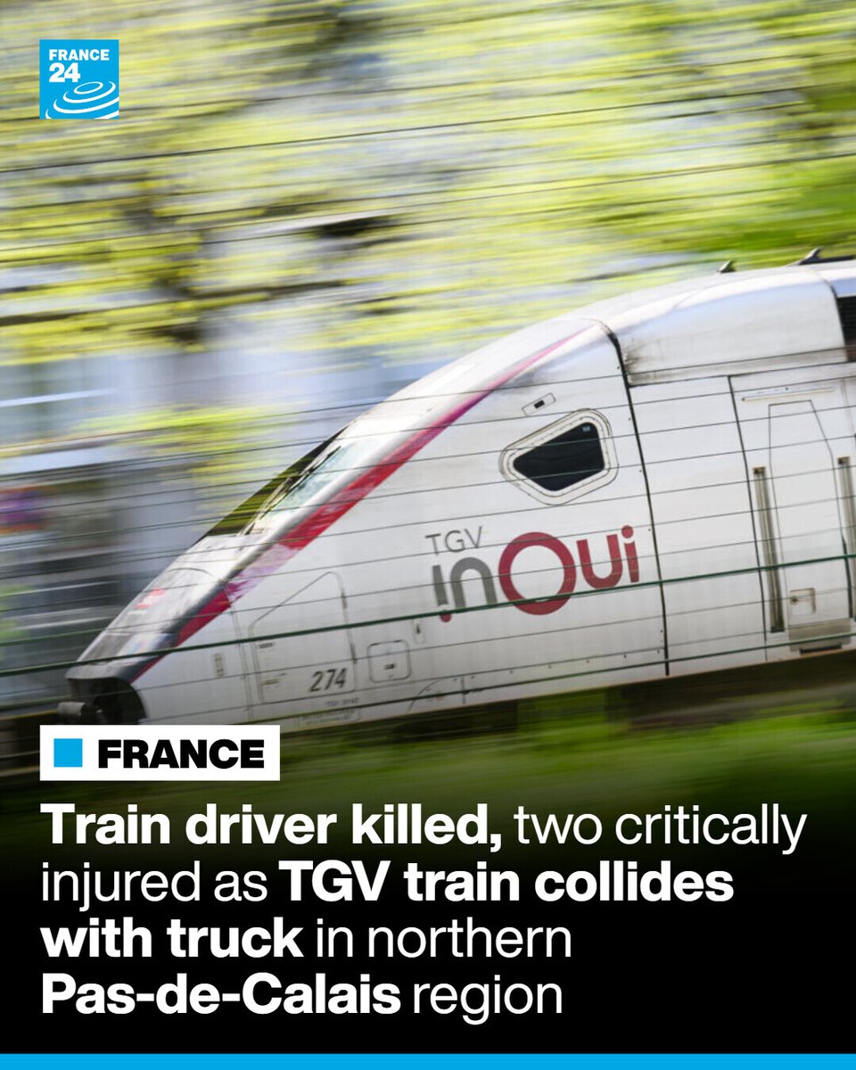 France24_en's tweet image. 🚄 A French high-speed train crashed into a truck at a crossing in northern #France on Tuesday, killing the driver of the #TGV and critically injuring two people, officials said.

Read more ➡️ go.france24.com/Y6M