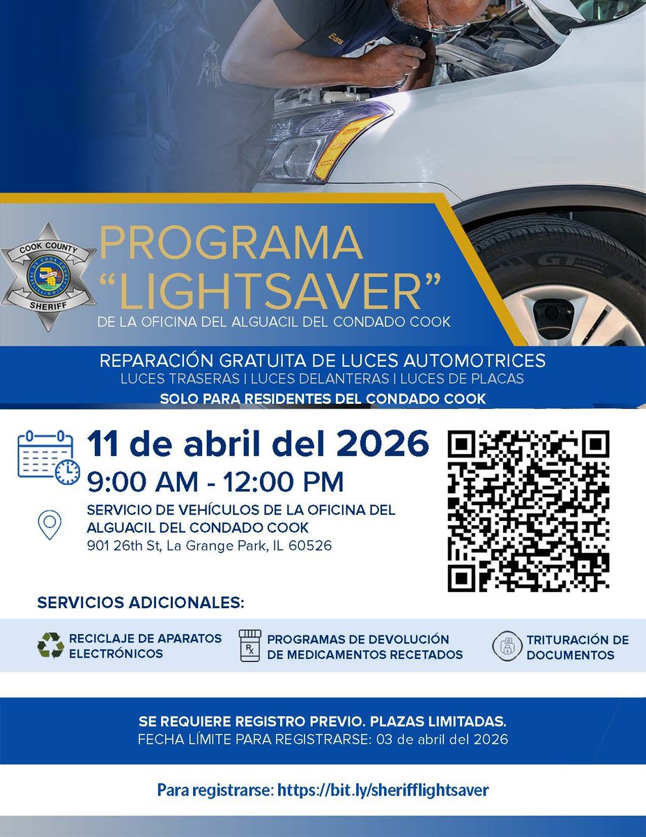 CookSheriffIL's tweet image. Burned-out light? We can help, Cook County! 🚗💡
Join our Lightsaver Program for FREE vehicle light repairs!
🗓 April 11 | Register TODAY!
🔗 bit.ly/3GrGURR
#Lightsaver #CookCounty #VehicleSafety #CommunityOutreach
