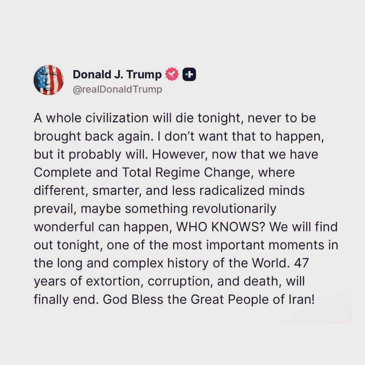 From “a whole civilization will die tonight” to “God bless the great people of Iran,” 

This lunatic has taken his trademark unpredictability to a whole new level! 🤡 

#IranWar‌