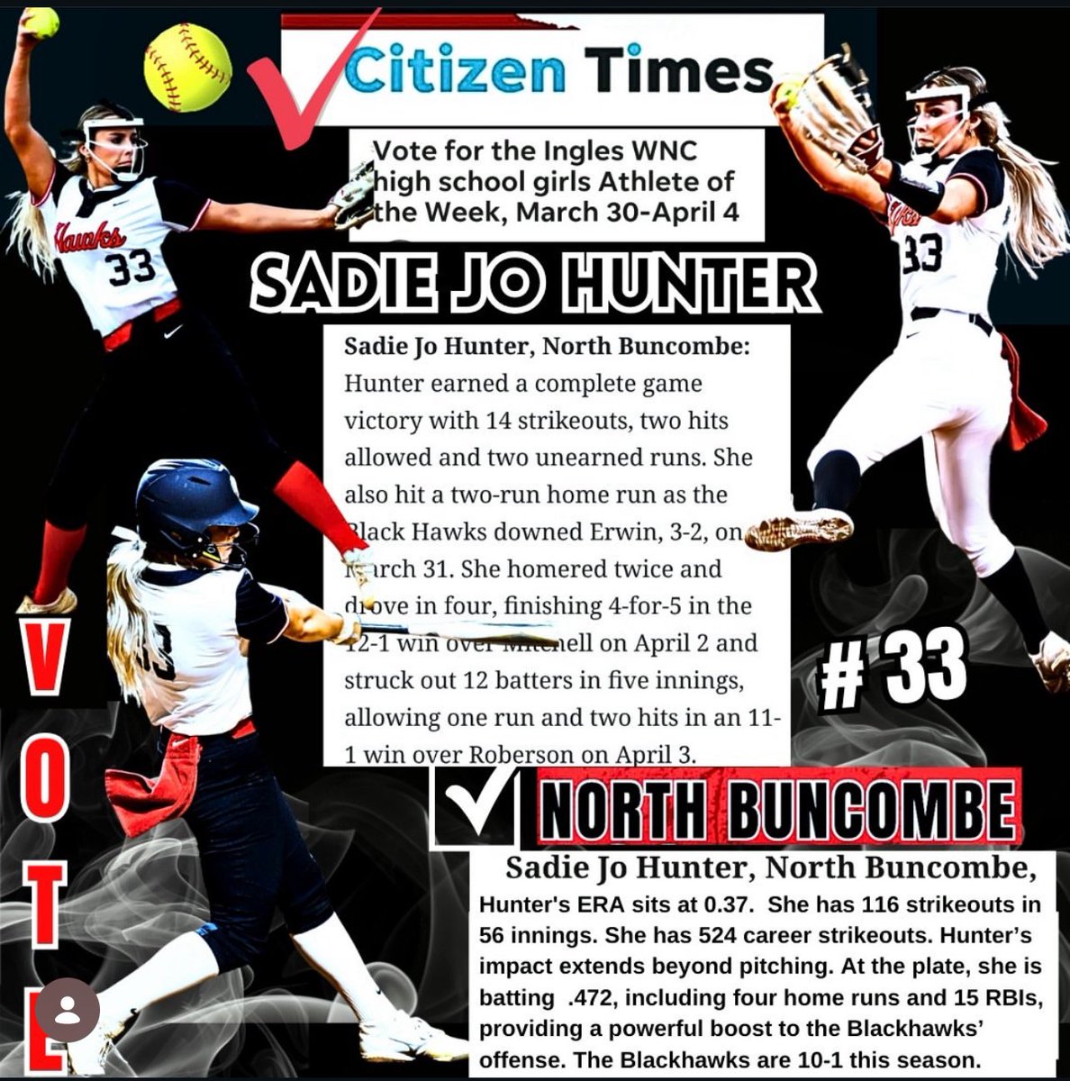 <a href="/SadieJoHunter27/">Sadie Jo Hunter 2027▪️RHP⚡</a> has been nominated for girls Player of the week!  Great job Sadie Jo!   citizen-times.com/story/sports/h…