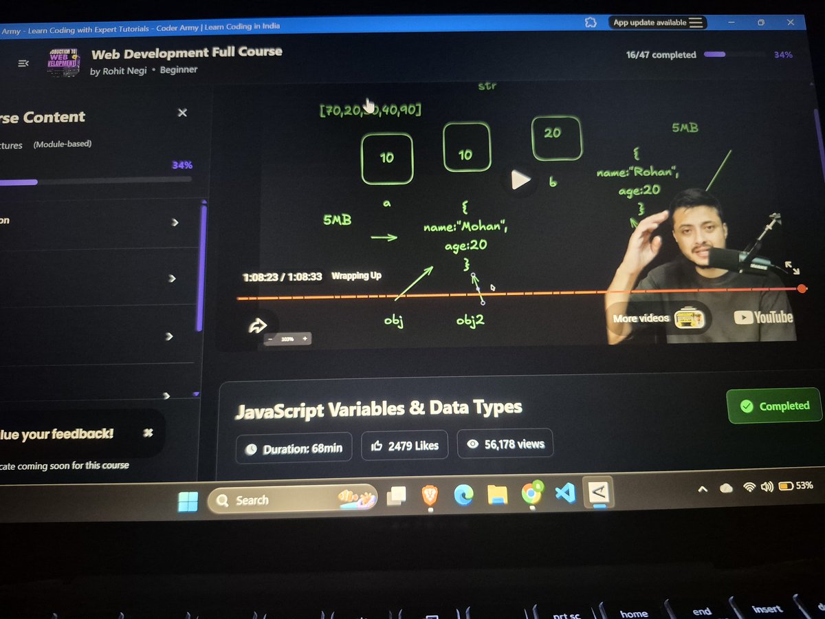 Akshat_Tiwari12's tweet image. Js Day 2 ✅️
Today I learned about variables and data types in JavaScript, understanding how data is stored and used. I also understood the difference between null and undefined. 
Also primitive data types are immutable or can not be changed  #WebDevelopment #CodingJourney #web
