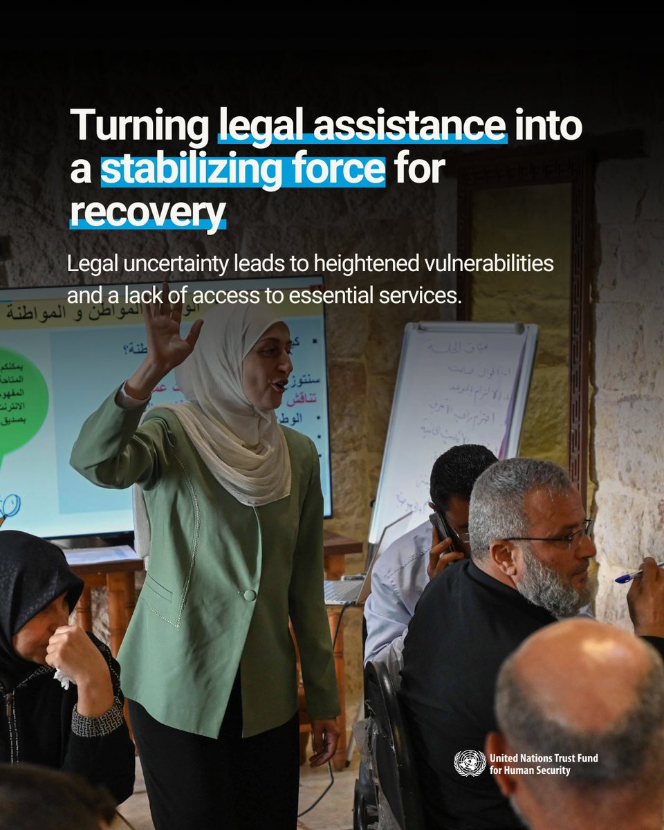 UNhumansecurity's tweet image. For returnees in Bab al-Nairab, lack of legal identity remains a key barrier to safe return. Applying a prevention-oriented #HumanSecurity lens:

📑 3,998 received legal assistance
📞 1,500+ remote consultations
⚖️ Complex HLP cases resolved

Legal protection enables recovery.