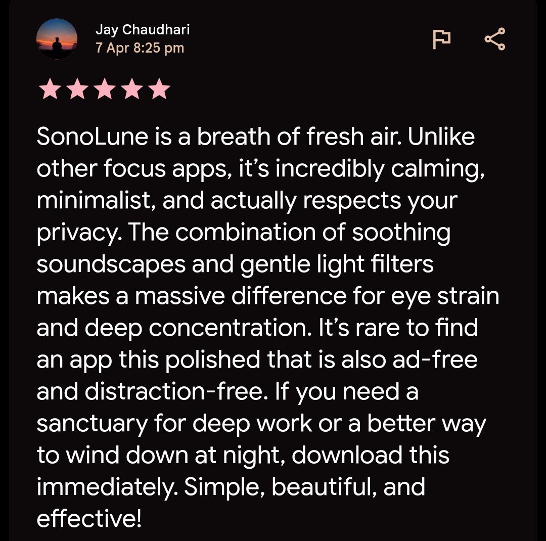 EnterSonoLune's tweet photo. A sanctuary for deep work
or a better way to wind down at night.

Jay found both in one environment. 🌙

Calming. Minimalist. Respects your privacy.
Ad-free. Distraction-free. Polished.

That's not a feature list.
That's what SonoLune was built to be. https://t.co/SfwpVmqAuU