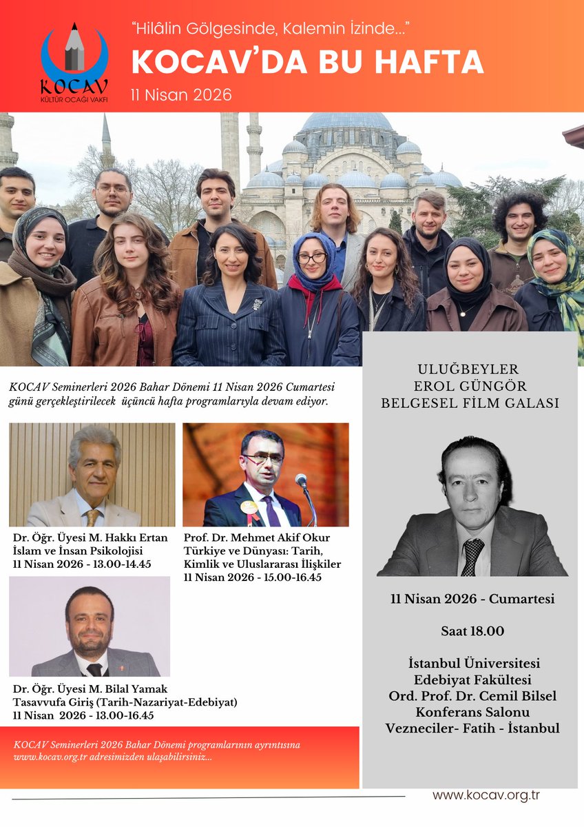 kulturocagi's tweet photo. Kültür Ocağı Vakfı'nda, bahar dönemi 11 Nisan 2026 Cumartesi günü gerçekleştirilecek ikinci hafta programlarıyla devam ediyor.     

Davetlimizsiniz... https://t.co/hKLClop7ED