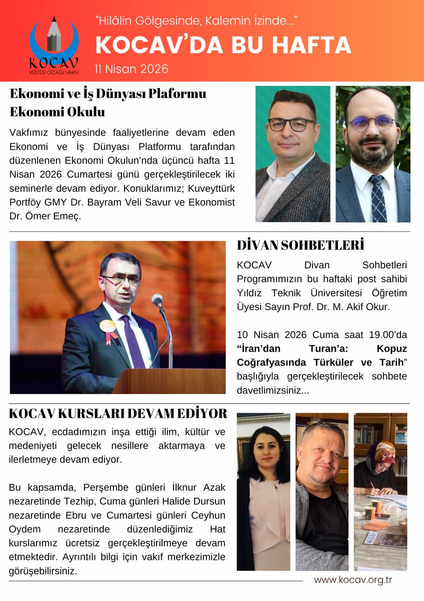 kulturocagi's tweet photo. Kültür Ocağı Vakfı'nda, bahar dönemi 11 Nisan 2026 Cumartesi günü gerçekleştirilecek ikinci hafta programlarıyla devam ediyor.     

Davetlimizsiniz... https://t.co/hKLClop7ED