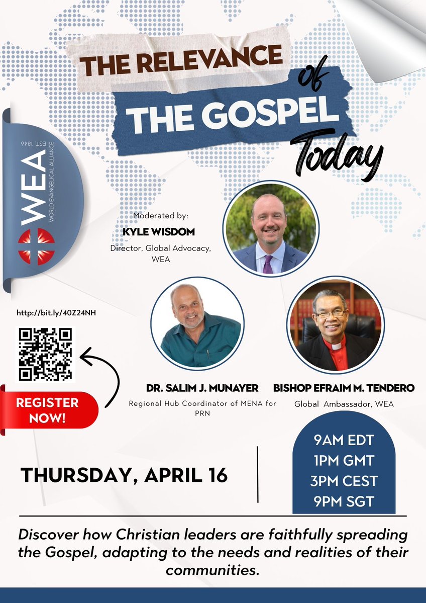 WEAnews's tweet image. Join us on Thursday, April 16, for The Relevance of the Gospel Today.

Be encouraged as leaders share how the Gospel is bringing hope to communities worldwide.

Register: bit.ly/40Z24NH

#WEA #GospelToday #FaithInAction