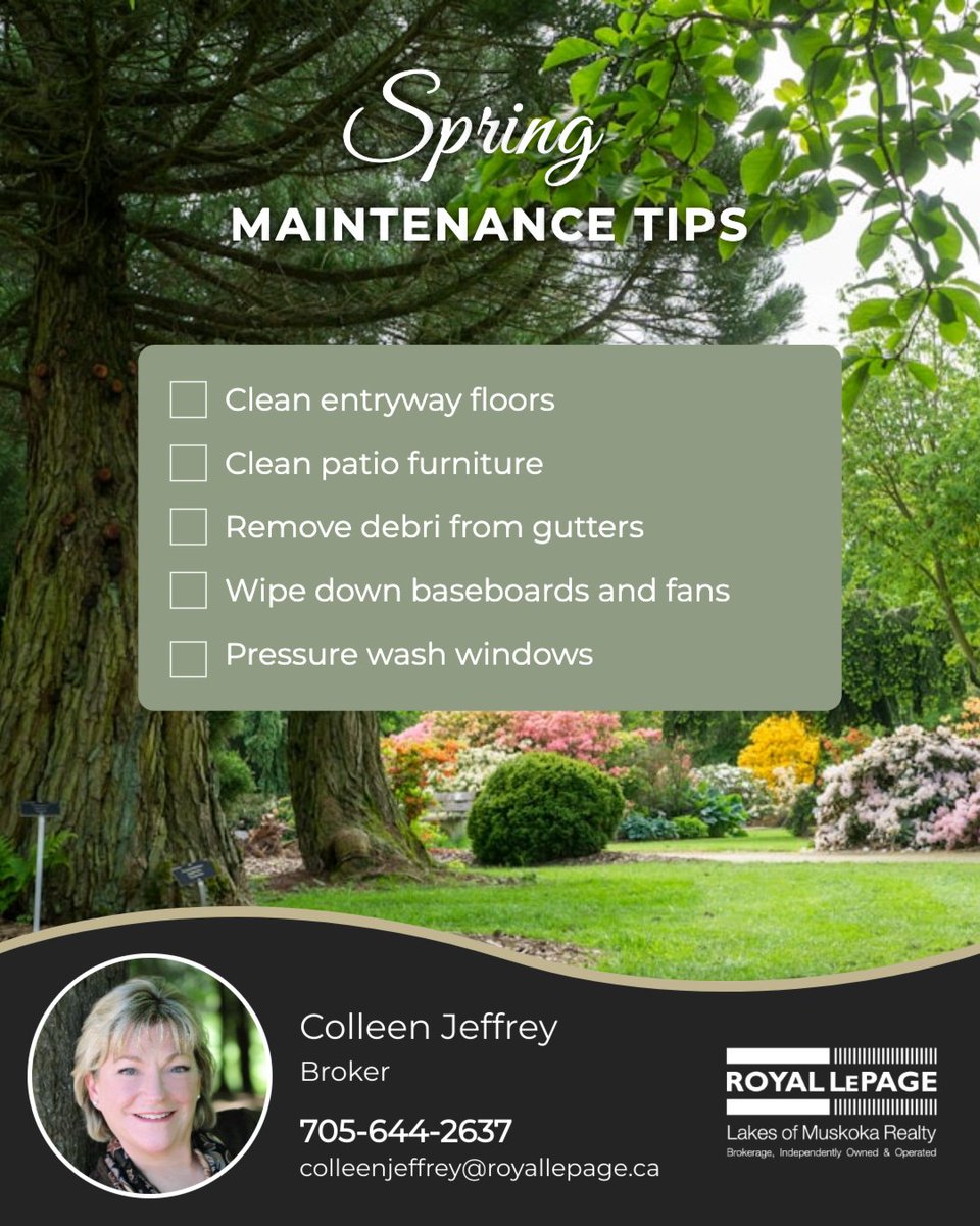 ColleenJeffrey's tweet image. Spring is in full bloom 🌸—the perfect time to give your home some TLC!

A little seasonal maintenance = a fresher, cleaner, happier space 🌿✨

Are you an early bird or last-minute spring cleaner? 🧼

#springcleaning #springchecklist #newhome #muskokarealestate #Icanhelp