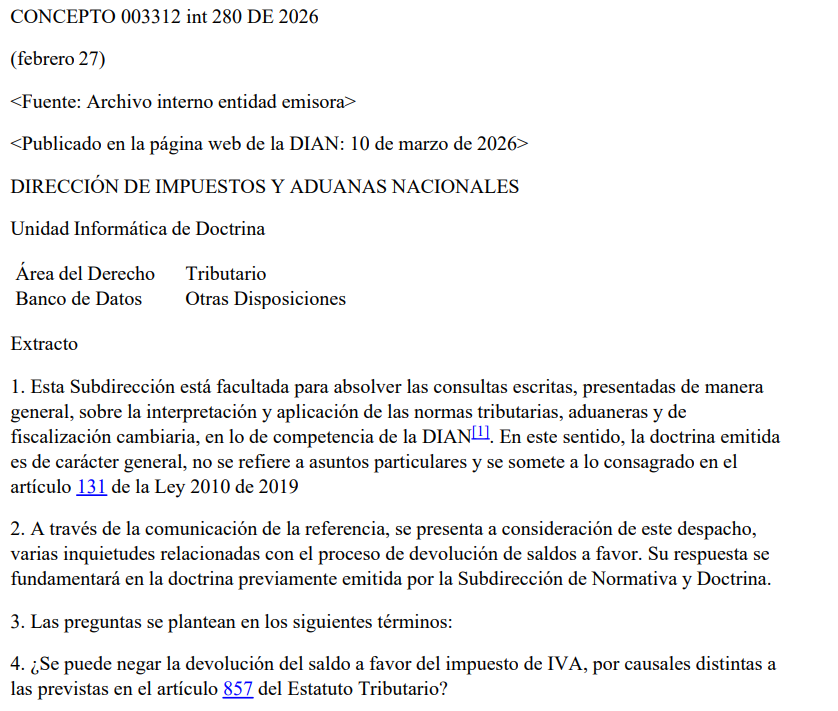 accounterweb's tweet photo. #ActualidadTributaria | Atención contadores 📢

La DIAN, mediante Concepto 003312 int. 280 de 2026, precisa reglas sobre devolución de saldos a favor, causales de inadmisión y firmeza de declaraciones 🧾

https://t.co/AhdGetPBJv https://t.co/REI6TVoU2Y