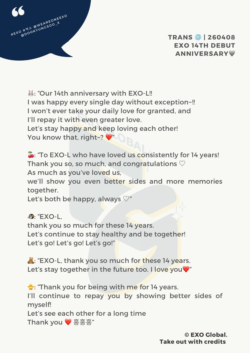 EXOGlobal's tweet photo. TRANS 🌐 | 260408 EXO Instagram Update 

“EXO 14th Debut Anniversary🩶”

14 YEARS ON EXO PLANET 🖤⃝🪐⭒˚.⋆
#14YearsWithEXO
#EXO14thAnniversary
#OurUniverseCalledEXO https://t.co/znh42jnaX5
