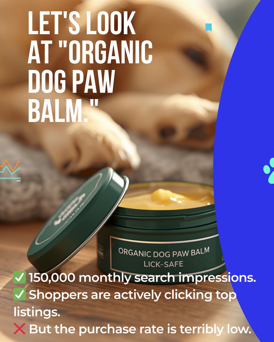 hefffaye's tweet photo. "Organic dog paw balm" 150,000 monthly impressions. Terrible purchase rate. Why? Buyers wanted lick-safe ingredients. No listing said it clearly.

That is not a listing problem. That is a product gap. And Amazon just gave you a tool to find hundreds more just like it.

Swipe to learn how to read the signals and turn gaps into winning products. 

And if you want us to pop the hood on your listing you can reach us out on below link.

https://t.co/TbNHlhceeK

#AmazonFBA #ProductResearch #Swiftstart