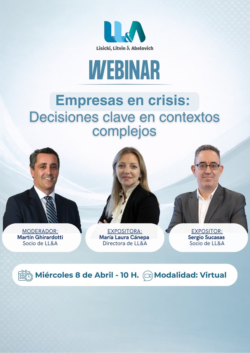 lisickilitvin's tweet photo. 📢 Empresas en crisis: decisiones clave en contextos complejos

Te invitamos a este webinar donde analizaremos los principales desafíos que enfrentan las empresas y cómo tomar decisiones estratégicas en escenarios críticos.

🗓️ Miércoles 8 de abril – 10 h  
💻 Modalidad virtual  

👉 Inscribite: https://t.co/tUy0xyDLCu

¡Te esperamos! 🗣️  
#Webinar #Empresas #Crisis #Estrategia