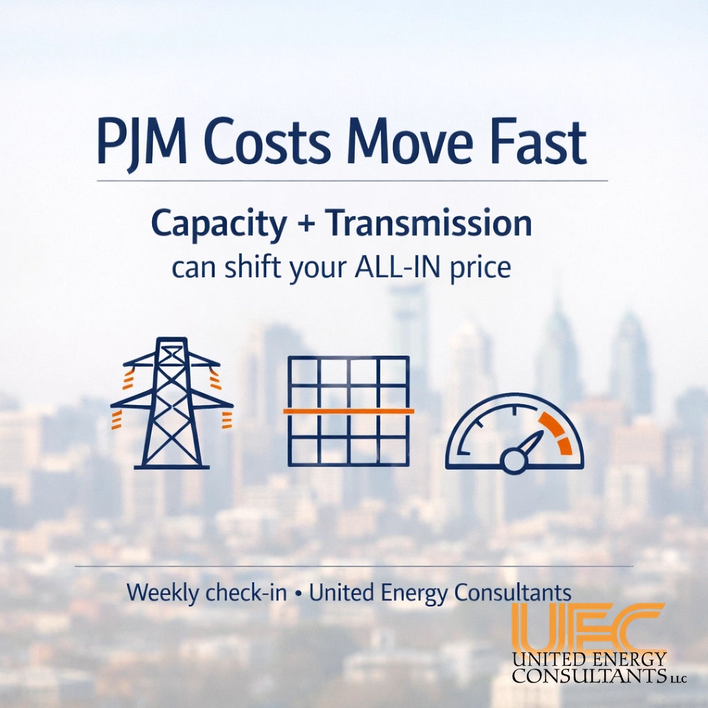 PJM reminder: capacity + transmission charges can quietly move your all‑in energy price.

UEC is independent, $0 out-of-pocket, and we’ll review a bill to spot savings opportunities (Energy consulting services).

DM me.
#EnergyConsultant #EnergyConsulting #PJM #EnergyS