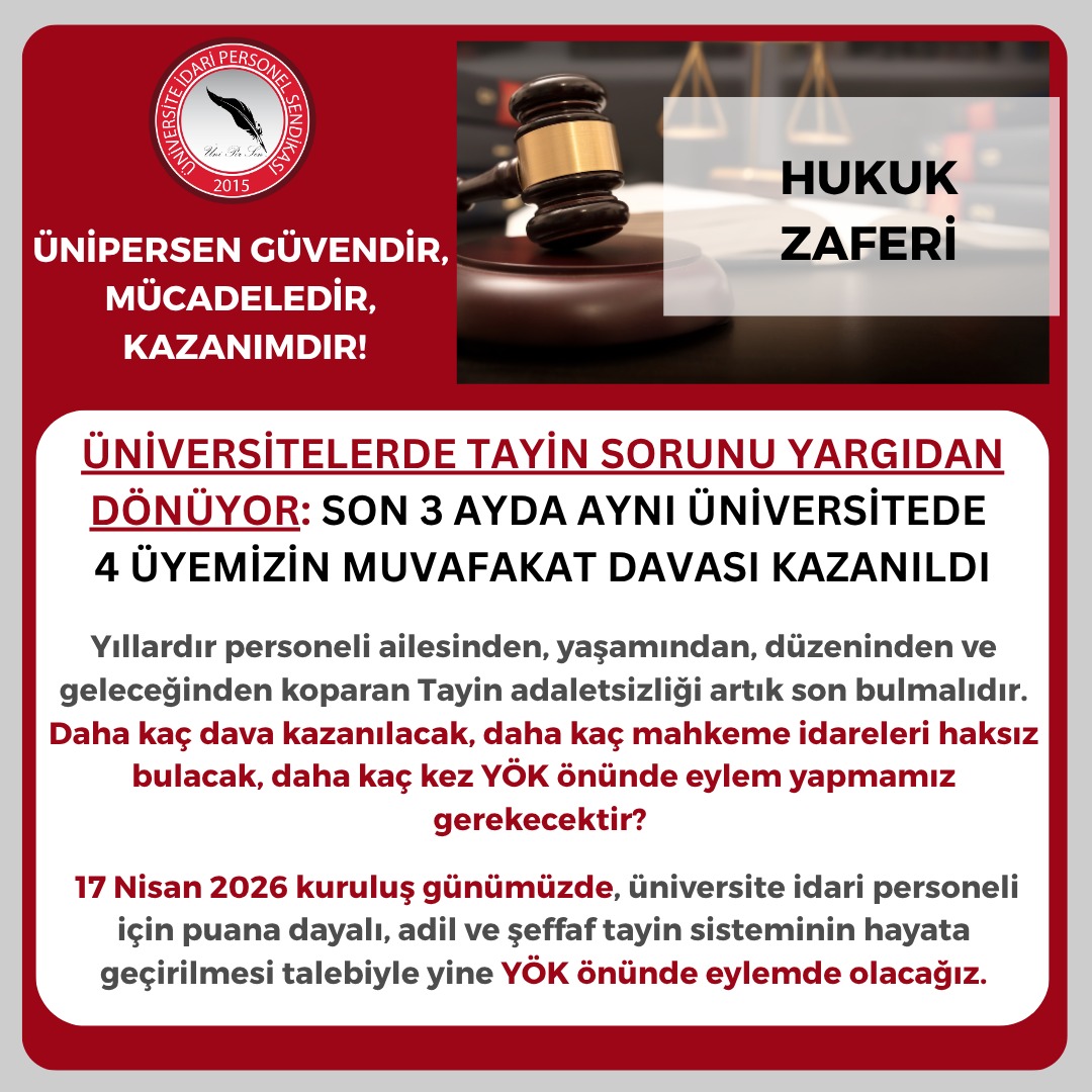 ÜNİVERSİTELERDE TAYİN SORUNU YARGIDAN DÖNÜYOR: SON 3 AYDA AYNI ÜNİVERSİTEDE 4 ÜYEMİZİN MUVAFAT DAVASI KAZANILDI

Üniversitelerde yıllardır çözümsüz bırakılan tayin ve muvafakat sorunu, yargı kararlarıyla bir kez daha gözler önüne serildi. Son olarak, bir üyemizin daha başka bir