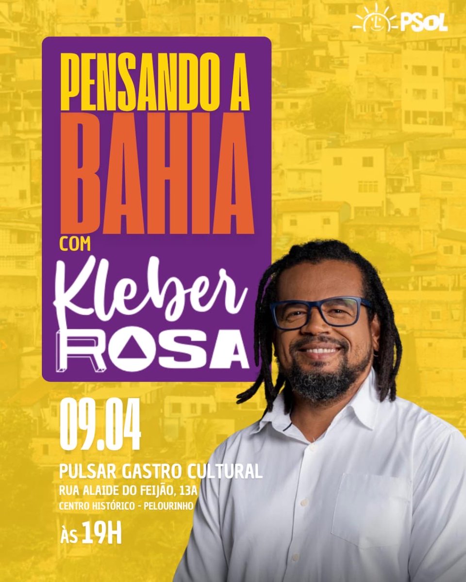 📍 Encontro com Kleber Rosa, no Pulsar
📌 Rua Alaíde do Feijão, 13A – Centro Histórico (antiga Rua das Laranjeiras)
🗓 09 de abril de 2026
🕖 19h

Chegue junto. Vamos construir esse caminho coletivamente.