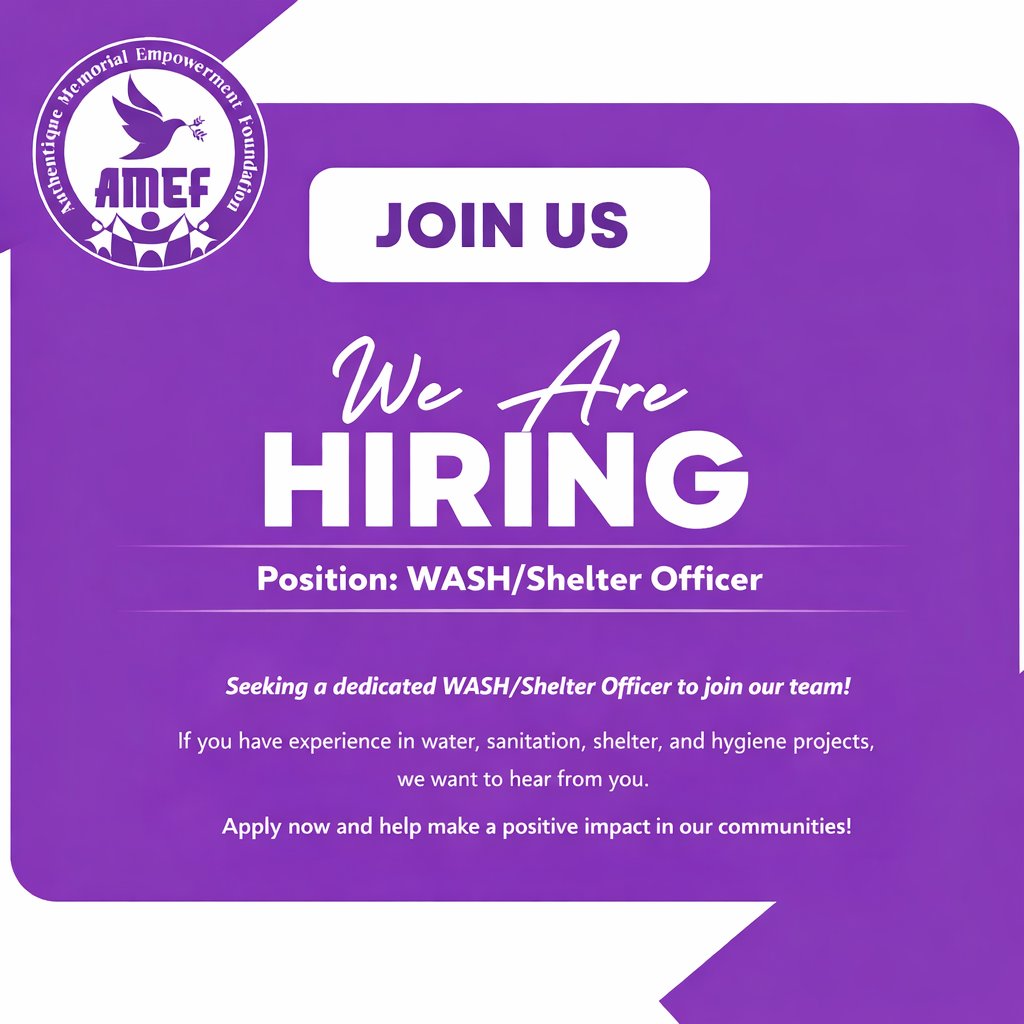 AmefFoundation's tweet photo. AMEF CAMEROON is Hiring a WASH/ Shelter Officer. we'd love to hear from you. Apply now through our website, Visit the Careers Page
https://t.co/VbokvGfqwd
Applications will be reviewed on a rolling basis.
#jobs
#NGOjobs
#hiring
#amefcameroon https://t.co/61x9Tr5Lrv