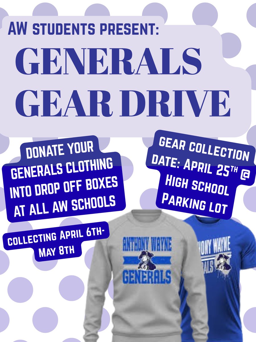 awgenerals's tweet photo. Clear your calendar for Saturday, April 25!
It will be a very full day on Campus. 

We hope to see you at one (or all) of the following events:

🎨 District Art Show
🗞️ Newsies musical
👕 Clothing drive
⚽️ Sports equipment drive
🥍 Lacrosse
⚾️ Baseball
🥎 Softball https://t.co/8FhVJrA6fA