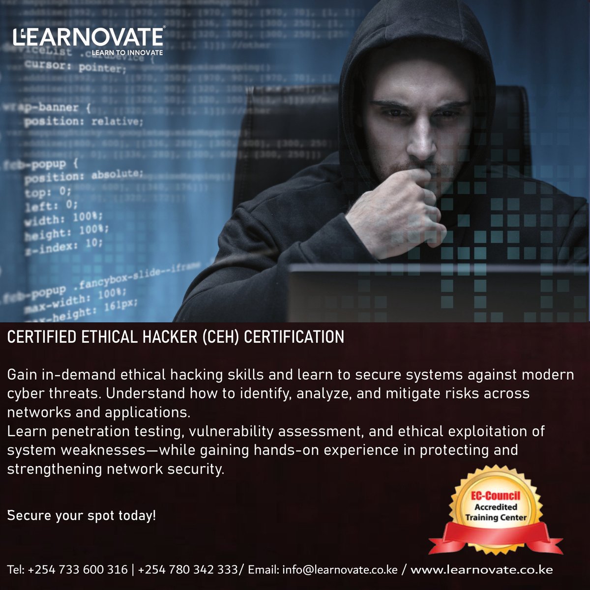 LearnovateTech's tweet photo. Gain in-demand cybersecurity skills with the Certified Ethical Hacker (CEH) certification. Learn to identify and prevent security threats and advance your career.

📞 +254 733 600 316 / +254 780 342 333
📧 info@learnovate.co.ke https://t.co/TSO5UdNSPs