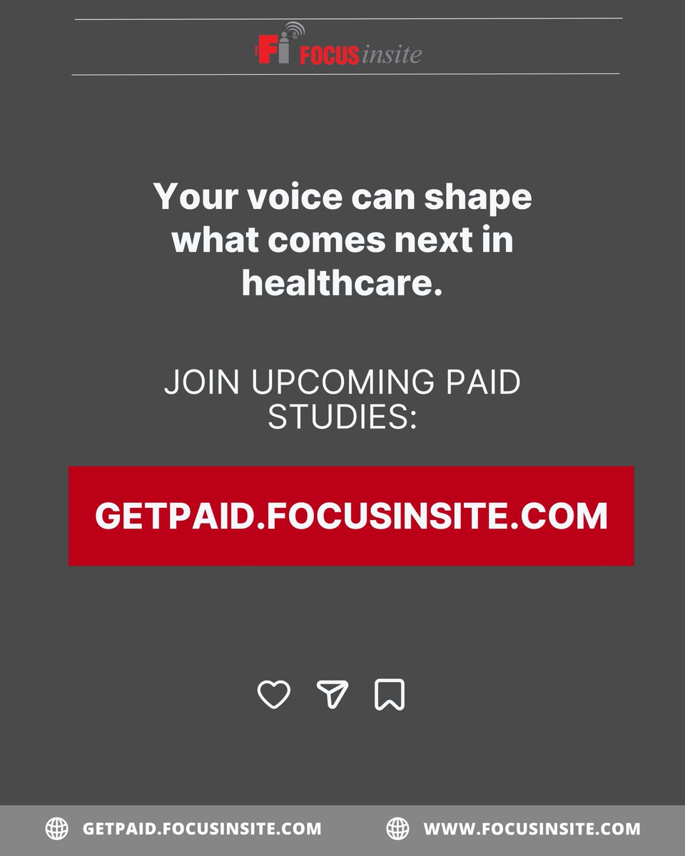 focusinsite's tweet image. Medical studies aren’t as complicated as they seem.

Today, it’s easier than ever to participate and your voice can help shape future healthcare.

Join here: getpaid.focusinsite.com

#MarketResearch #MedicalResearch #PatientVoice