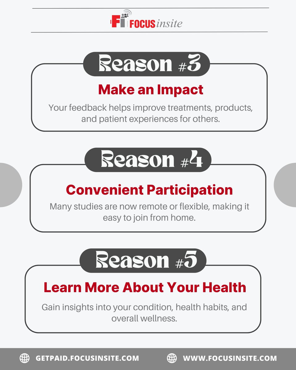 focusinsite's tweet image. Medical studies aren’t as complicated as they seem.

Today, it’s easier than ever to participate and your voice can help shape future healthcare.

Join here: getpaid.focusinsite.com

#MarketResearch #MedicalResearch #PatientVoice