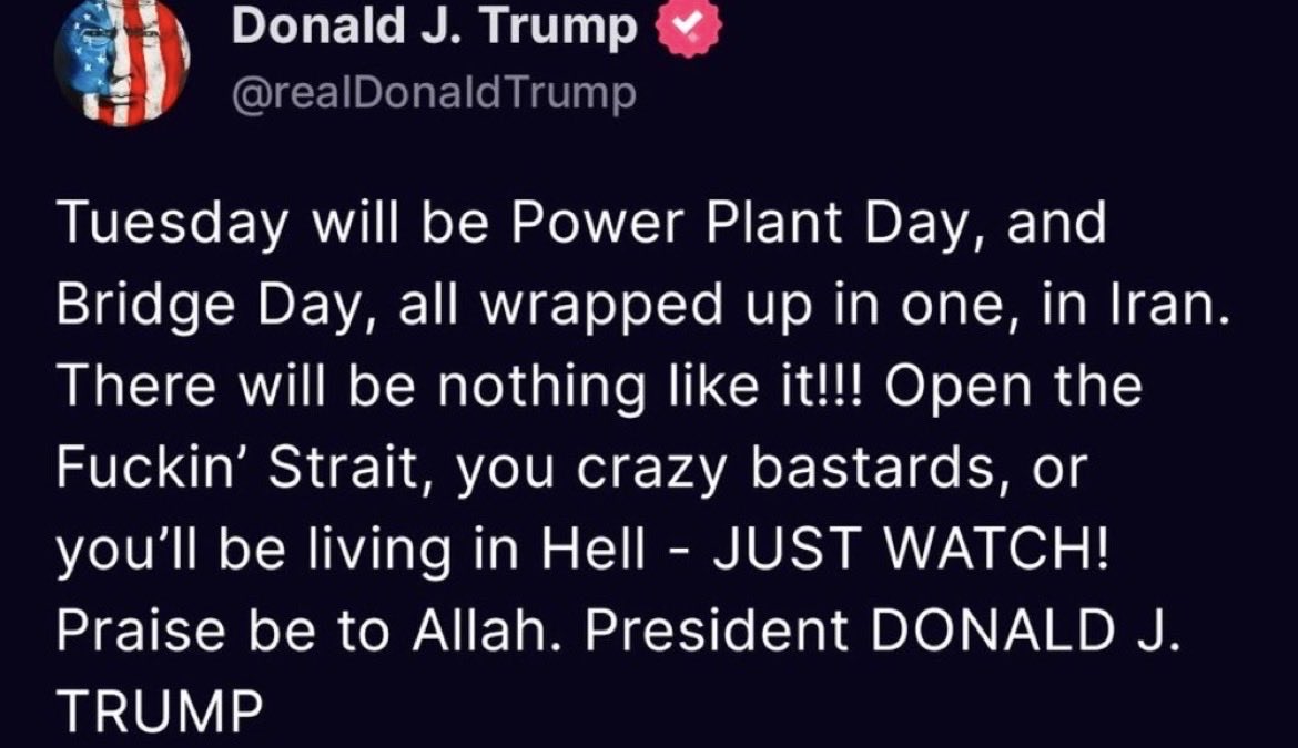dclaw00001's tweet photo. I was sent this tweet from Donald Trump and said this is obviously an AI cheap fake. I was wrong and I still can’t believe it. Happy Power Plant Day I guess…. https://t.co/FUBwdTEAw1