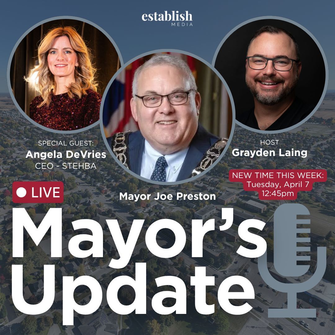 Live today: Mayor's Update! 🎙️
Join Mayor Preston in an open forum.
Special Guest: Angela DeVries - CEO - St. Thomas Elgin Home Builders Association  
  🗓️Tuesday, April 7, 2026
  ⏰12:45 p.m.
Join live:
  👉facebook.com/establishmedia

#TheRailwayCity #StThomasON #MayorsUpdate