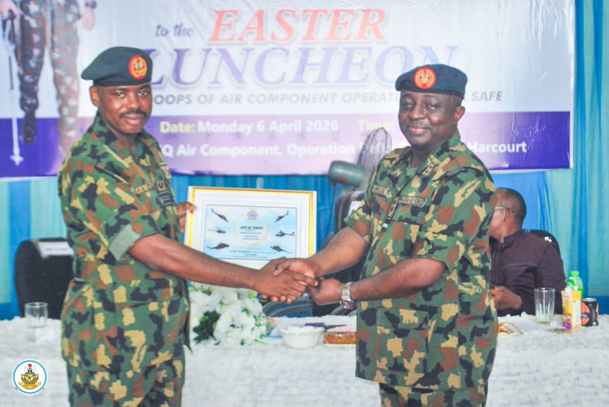 NigAirForce's tweet photo. CAS DRIVES JOINT SECURITY SYNERGY IN SOUTH-SOUTH OPERATIONS AT EASTER LUNCHEON IN PORT HARCOURT

The Chief of the Air Staff’s Easter Luncheon with frontline personnel of the Air Component, Joint Task Force South-South, Operation DELTA SAFE (OPDS) was held on 6 April 2026 at NAF Base Port Harcourt, further underscoring the Nigerian Air Force’s (NAF) unwavering commitment to troop welfare, frontline motivation, and sustained operational effectiveness. The Special Guest of Honour, the Chief of the Air Staff, Air Marshal Sunday Kelvin Aneke, was represented by the Chief of Logistics, Headquarters NAF, Air Vice Marshal Hassan Yurkusi, whose presence reflected the Service’s leadership-driven approach to sustaining morale and operational momentum across critical theatres. The event brought together personnel of the Air Component alongside representatives of sister services, other security agencies, NAF veterans, corps members, field support representatives on the T129 ATAK helicopters, and other distinguished guests, projecting the unity of purpose currently driving national security efforts in the South-South.

The programme featured a welcome address by the Air Component Commander, who commended personnel for their resilience, professionalism, and mission focus in support of ongoing operations. In his remarks, Air Vice Marshal Hassan Yurkusi conveyed the CAS’s profound appreciation to troops for their sacrifices and steadfast commitment to safeguarding critical national assets and preserving stability in the Niger Delta region. He reaffirmed the NAF’s resolve to continue providing the operational support, logistics backbone, and welfare enablers required to sustain the current tempo of joint operations. A goodwill message by the Commandant, Nigerian Navy Ship (NNS) ONNE, further highlighted the strong inter-service cooperation and shared commitment of security stakeholders to peace, safety, and economic stability in the region.

The Easter engagement significantly boosted troop morale and further reinforced the spirit of inter-agency synergy within the theatre. Beyond its ceremonial significance, the occasion projected a reassuring national message of unity, resilience, and confidence in the Armed Forces’ collective efforts to secure the nation’s strategic environment. It also reflected the NAF’s people-centric leadership philosophy and its continued role in fostering the peace, stability, and operational cohesion required for national growth and prosperity.

#NAF #AirPower #OperationDeltaSafe #OPDS #SouthSouthSecurity #JointOperations #TroopWelfare #MissionReadiness #NationalSecurity #PortHarcourt #PeaceAndStability