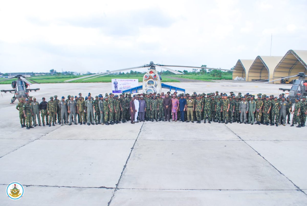 NigAirForce's tweet photo. CAS DRIVES JOINT SECURITY SYNERGY IN SOUTH-SOUTH OPERATIONS AT EASTER LUNCHEON IN PORT HARCOURT

The Chief of the Air Staff’s Easter Luncheon with frontline personnel of the Air Component, Joint Task Force South-South, Operation DELTA SAFE (OPDS) was held on 6 April 2026 at NAF Base Port Harcourt, further underscoring the Nigerian Air Force’s (NAF) unwavering commitment to troop welfare, frontline motivation, and sustained operational effectiveness. The Special Guest of Honour, the Chief of the Air Staff, Air Marshal Sunday Kelvin Aneke, was represented by the Chief of Logistics, Headquarters NAF, Air Vice Marshal Hassan Yurkusi, whose presence reflected the Service’s leadership-driven approach to sustaining morale and operational momentum across critical theatres. The event brought together personnel of the Air Component alongside representatives of sister services, other security agencies, NAF veterans, corps members, field support representatives on the T129 ATAK helicopters, and other distinguished guests, projecting the unity of purpose currently driving national security efforts in the South-South.

The programme featured a welcome address by the Air Component Commander, who commended personnel for their resilience, professionalism, and mission focus in support of ongoing operations. In his remarks, Air Vice Marshal Hassan Yurkusi conveyed the CAS’s profound appreciation to troops for their sacrifices and steadfast commitment to safeguarding critical national assets and preserving stability in the Niger Delta region. He reaffirmed the NAF’s resolve to continue providing the operational support, logistics backbone, and welfare enablers required to sustain the current tempo of joint operations. A goodwill message by the Commandant, Nigerian Navy Ship (NNS) ONNE, further highlighted the strong inter-service cooperation and shared commitment of security stakeholders to peace, safety, and economic stability in the region.

The Easter engagement significantly boosted troop morale and further reinforced the spirit of inter-agency synergy within the theatre. Beyond its ceremonial significance, the occasion projected a reassuring national message of unity, resilience, and confidence in the Armed Forces’ collective efforts to secure the nation’s strategic environment. It also reflected the NAF’s people-centric leadership philosophy and its continued role in fostering the peace, stability, and operational cohesion required for national growth and prosperity.

#NAF #AirPower #OperationDeltaSafe #OPDS #SouthSouthSecurity #JointOperations #TroopWelfare #MissionReadiness #NationalSecurity #PortHarcourt #PeaceAndStability
