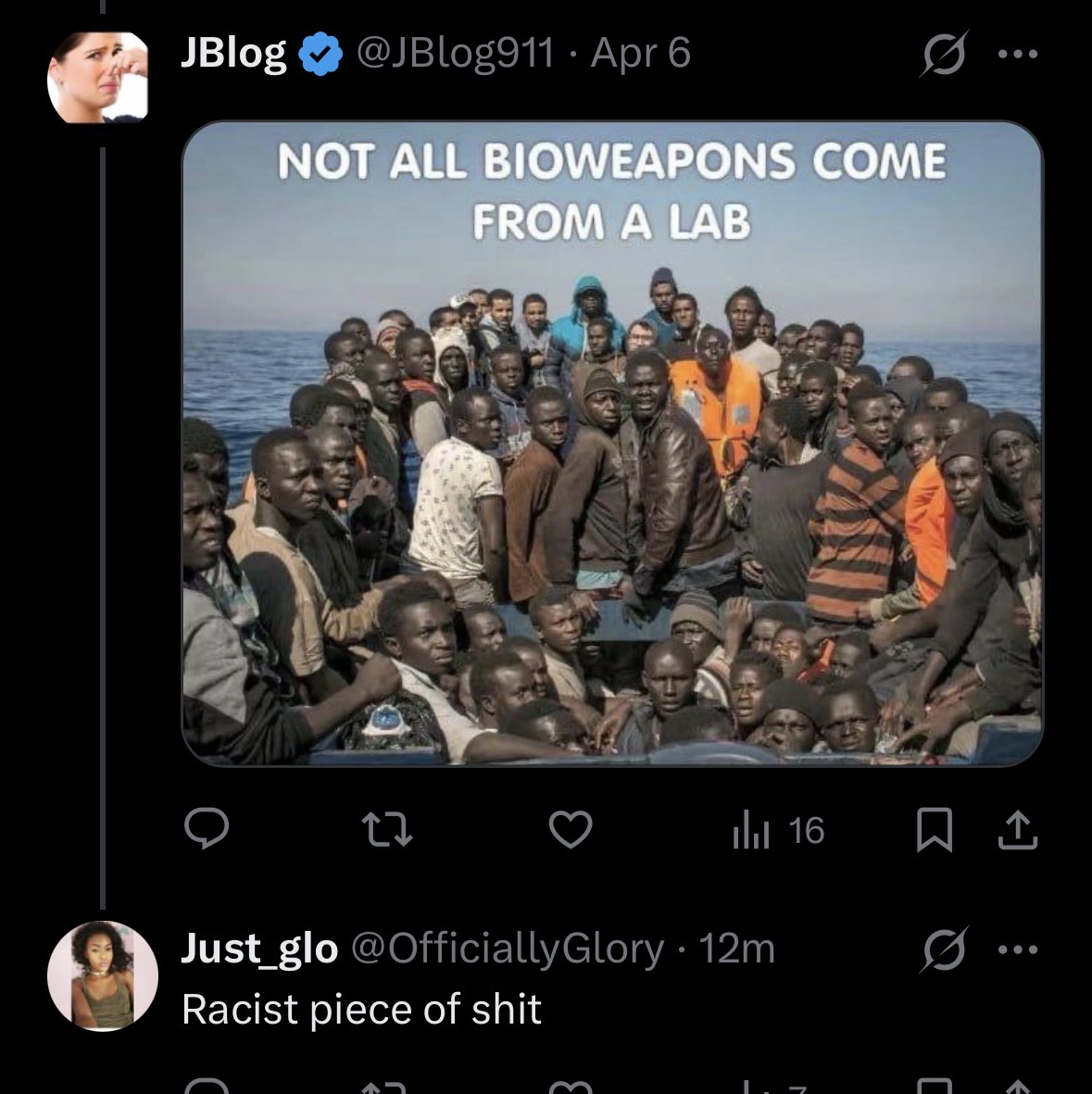 OfficiallyGlory's tweet photo. @JBlog911 Disgusting racist waste of a human https://t.co/JbiJo6jd3k