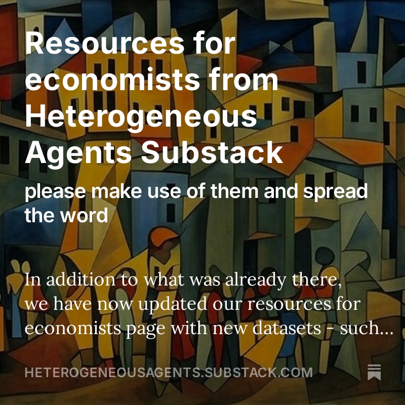 Het_Agents's tweet photo. We updated our resources page w/ links to new datasets, extra Stata/R guides, the new booklet by @JohnHCochrane on inflation, the reader’s guide to optimal monetary policy, Isaiah's thoughts on AI &amp; econ research, etc. It's a public good. #econtwitter https://t.co/3o7WXr2ecT https://t.co/jlKY6OpPkT